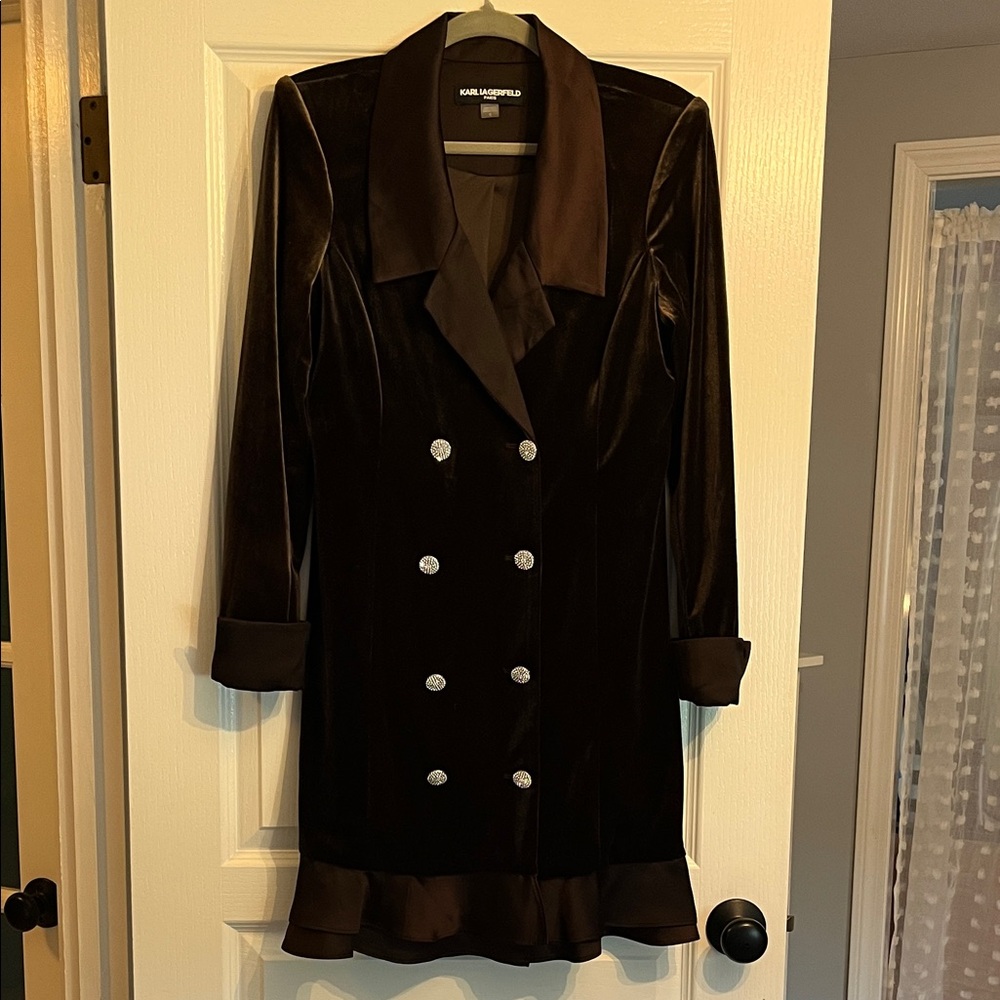 Karl Lagerfeld Black Velvet Double-Breasted Blazer with Satin Trim
